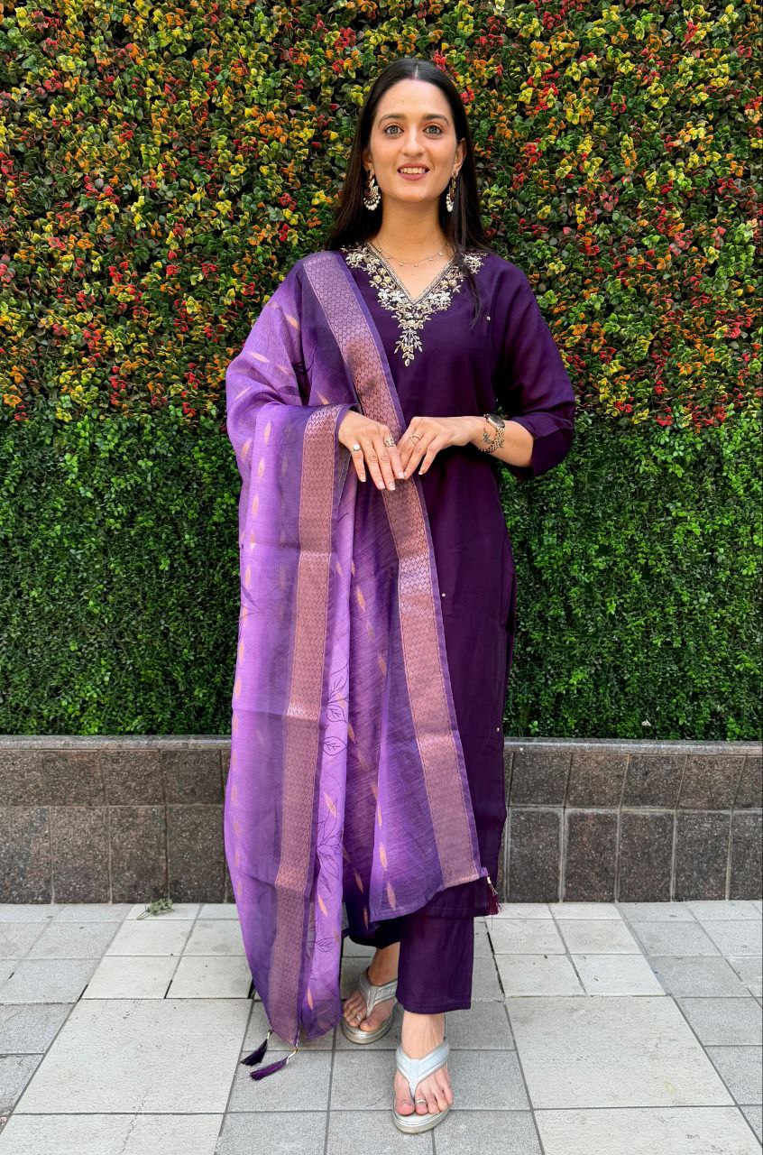 Lorenvalley Fashion Purple Roman Silk Hand Work Kurta Pant with Dupatta 