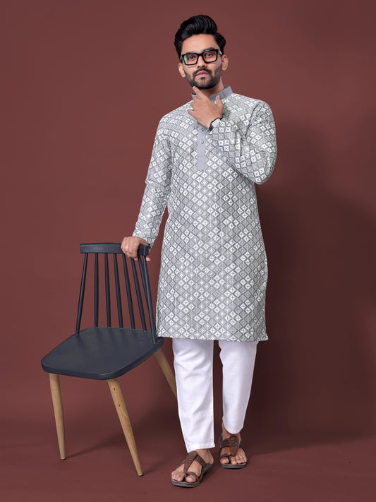 Neera Trendz Grey Soft Silk Embroidered Men's Kurta Pyjama 