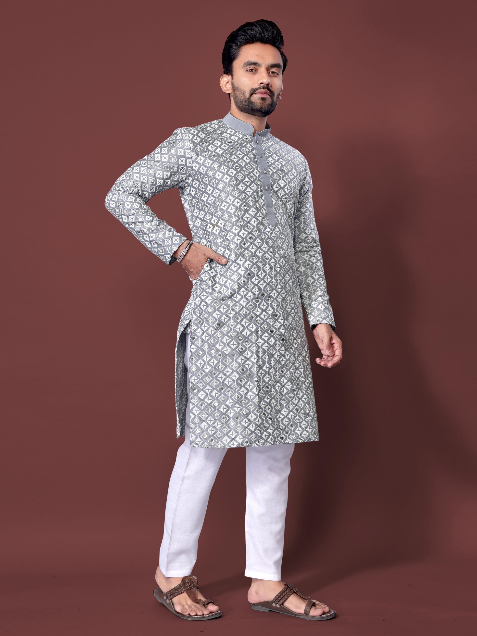 Neera Trendz Grey Soft Silk Embroidered Men's Kurta Pyjama 