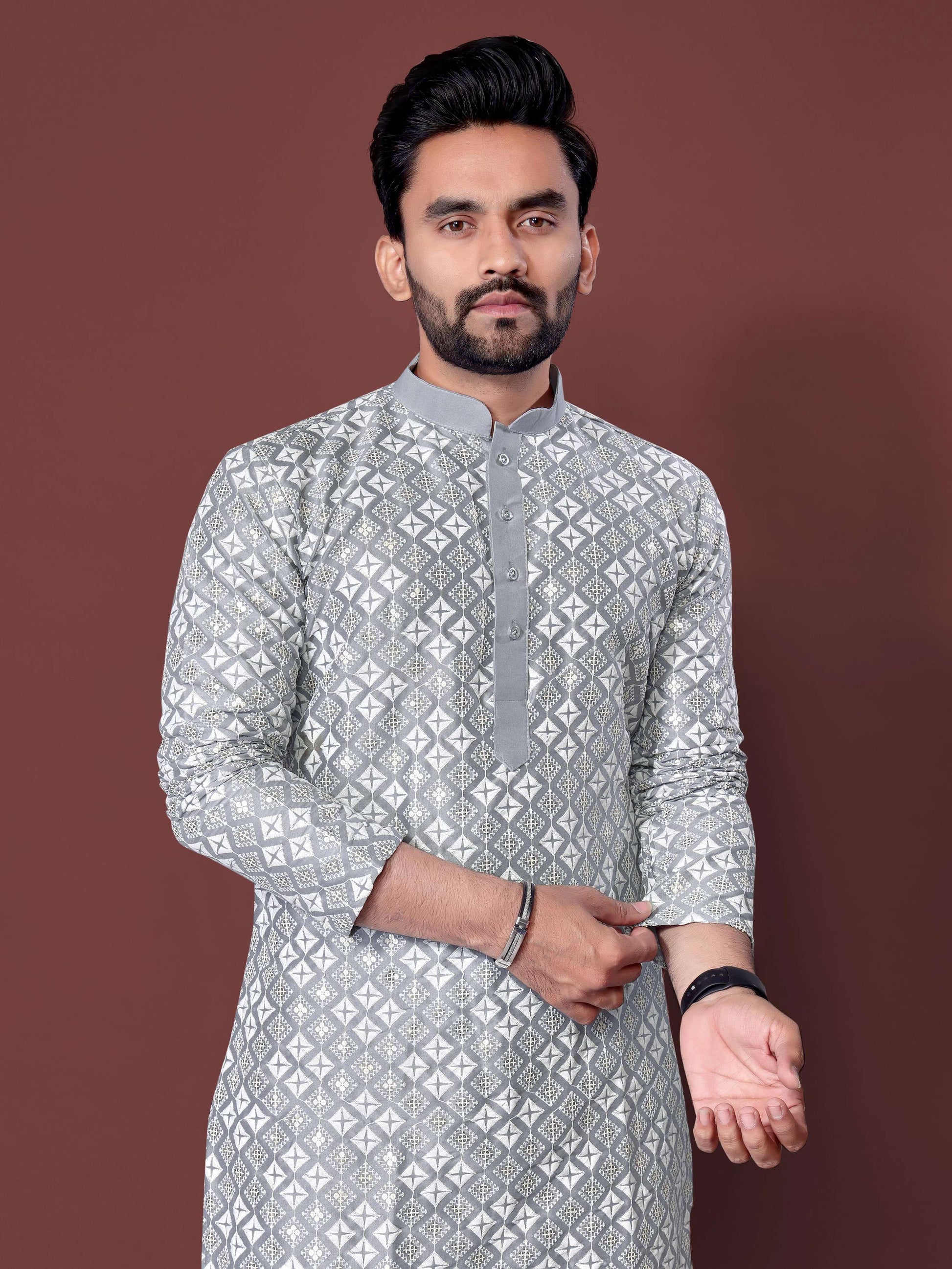 Neera Trendz Grey Soft Silk Embroidered Men's Kurta Pyjama 
