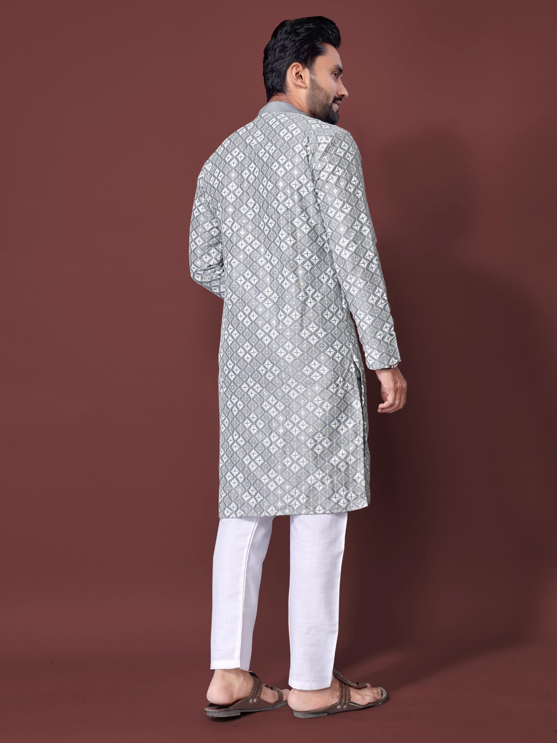 Neera Trendz Grey Soft Silk Embroidered Men's Kurta Pyjama 