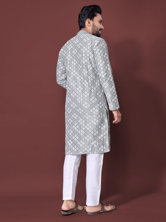 Neera Trendz Grey Soft Silk Embroidered Men's Kurta Pyjama 