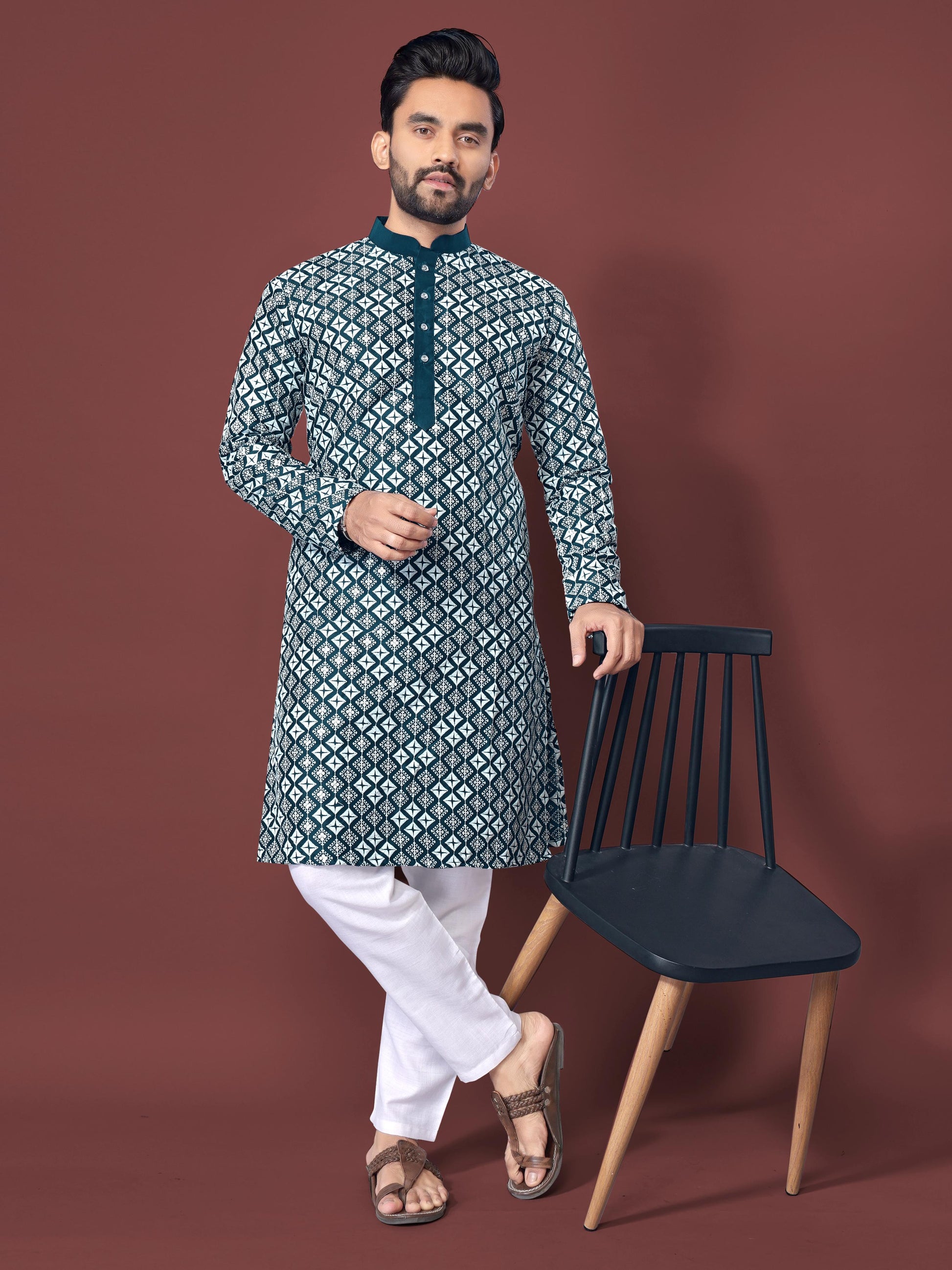 Neera Trendz Teal Soft Silk Embroidered Men's Kurta Pyjama 