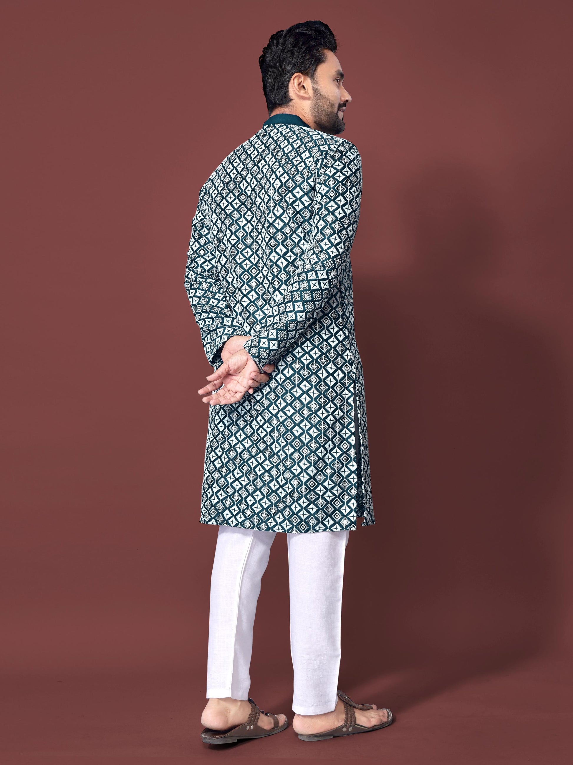 Neera Trendz Teal Soft Silk Embroidered Men's Kurta Pyjama 