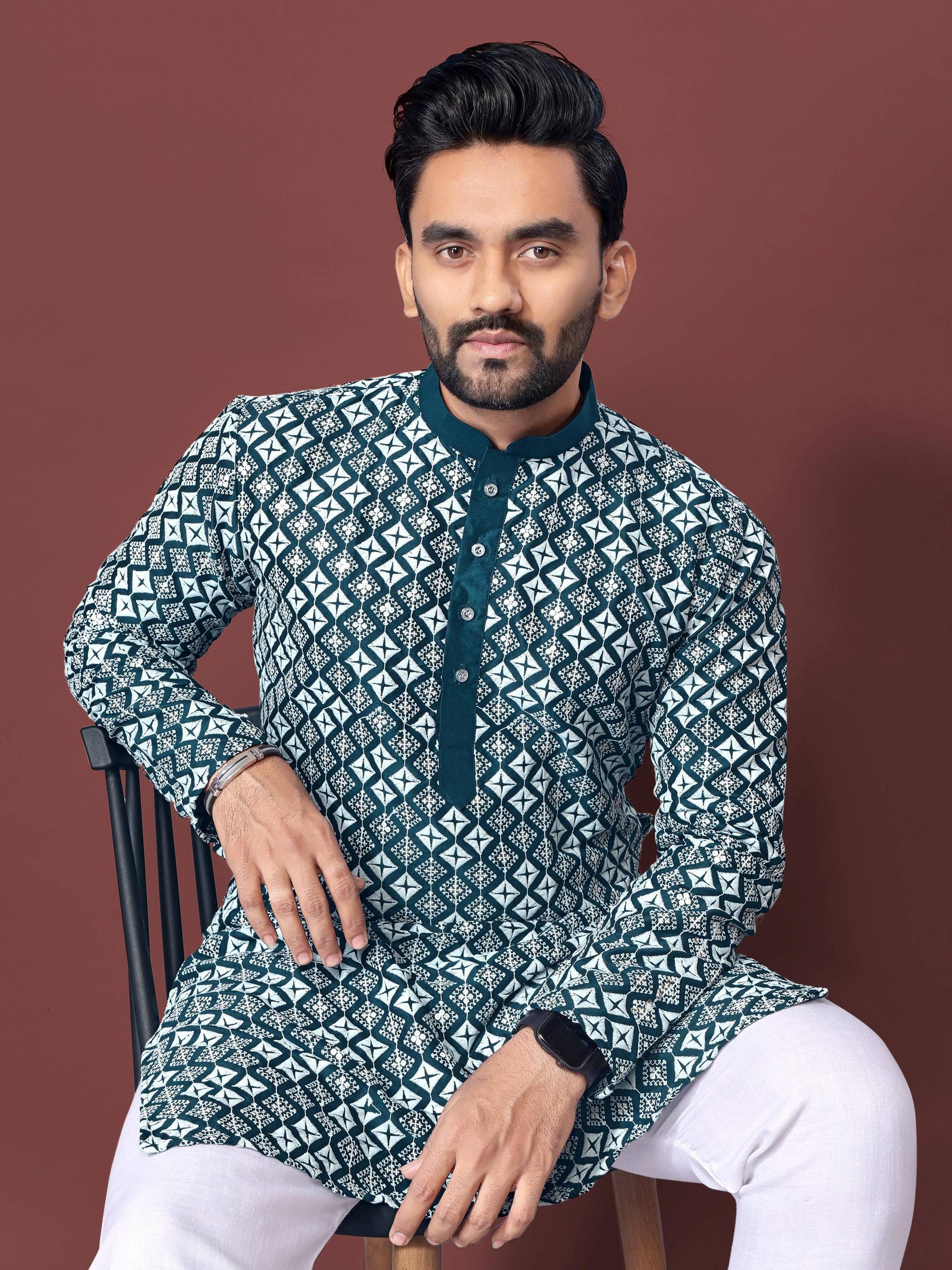 Neera Trendz Teal Soft Silk Embroidered Men's Kurta Pyjama 