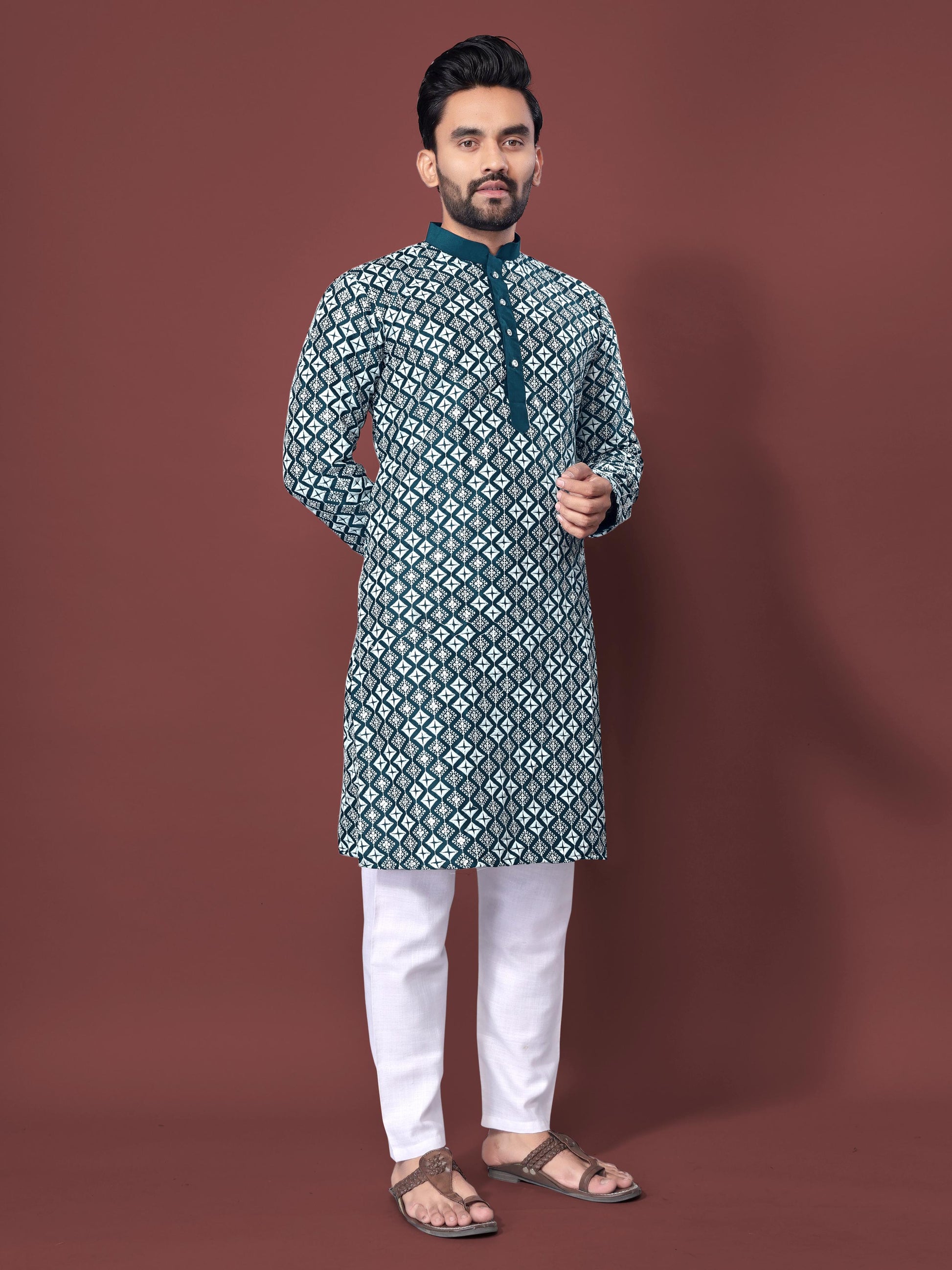 Neera Trendz Teal Soft Silk Embroidered Men's Kurta Pyjama 