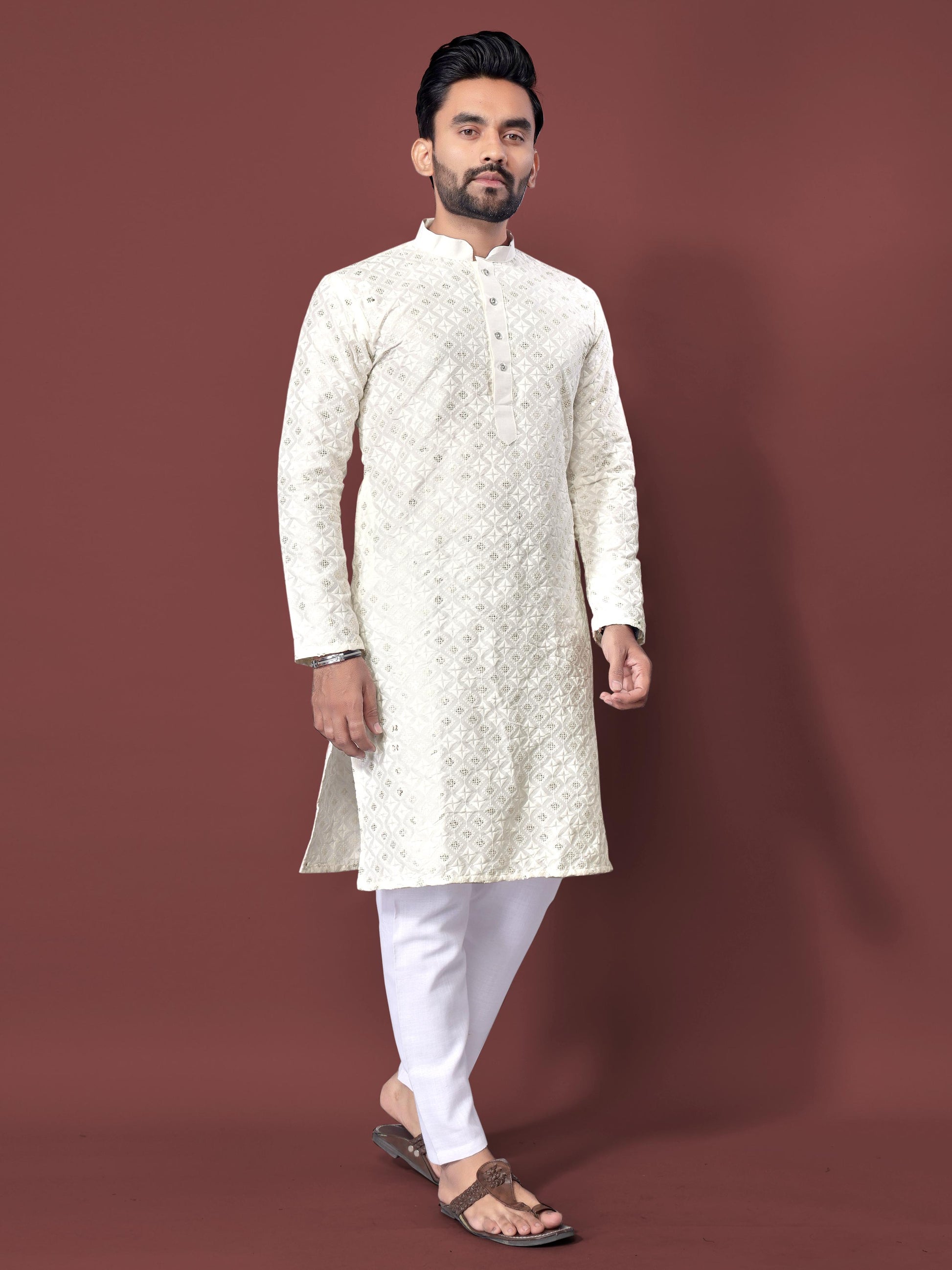 Neera Trendz White Soft Silk Embroidered Men's Kurta Pyjama 