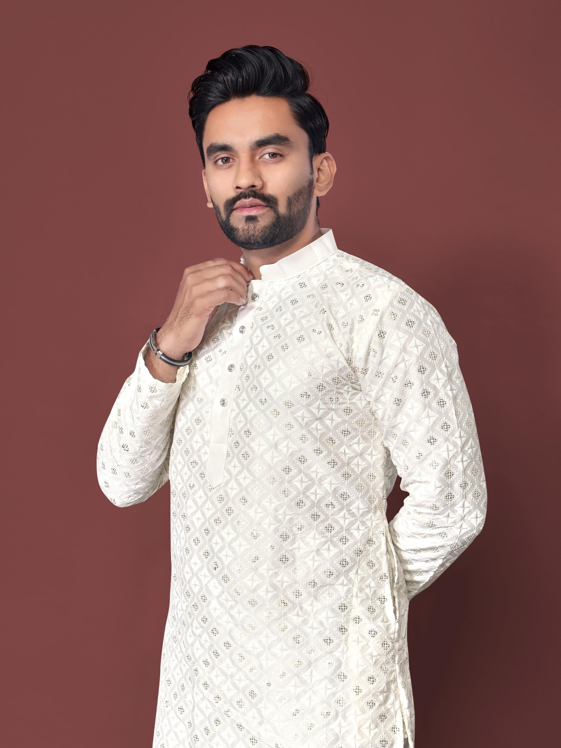 Neera Trendz White Soft Silk Embroidered Men's Kurta Pyjama 