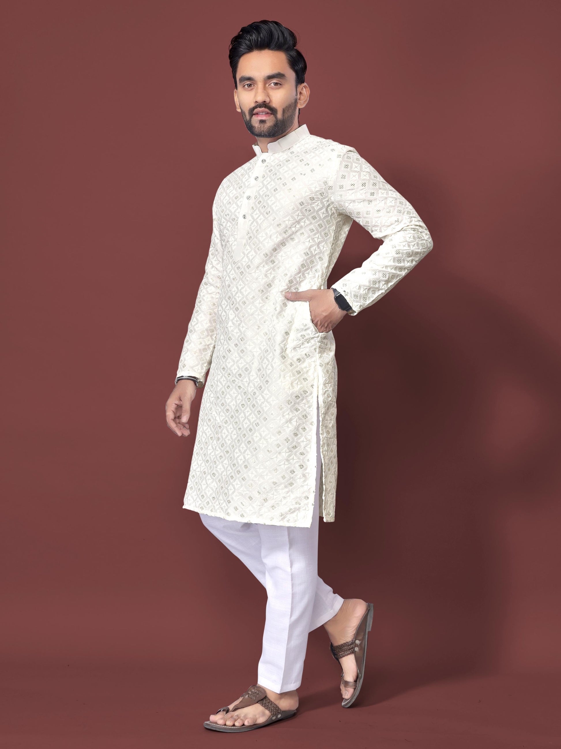 Neera Trendz White Soft Silk Embroidered Men's Kurta Pyjama 