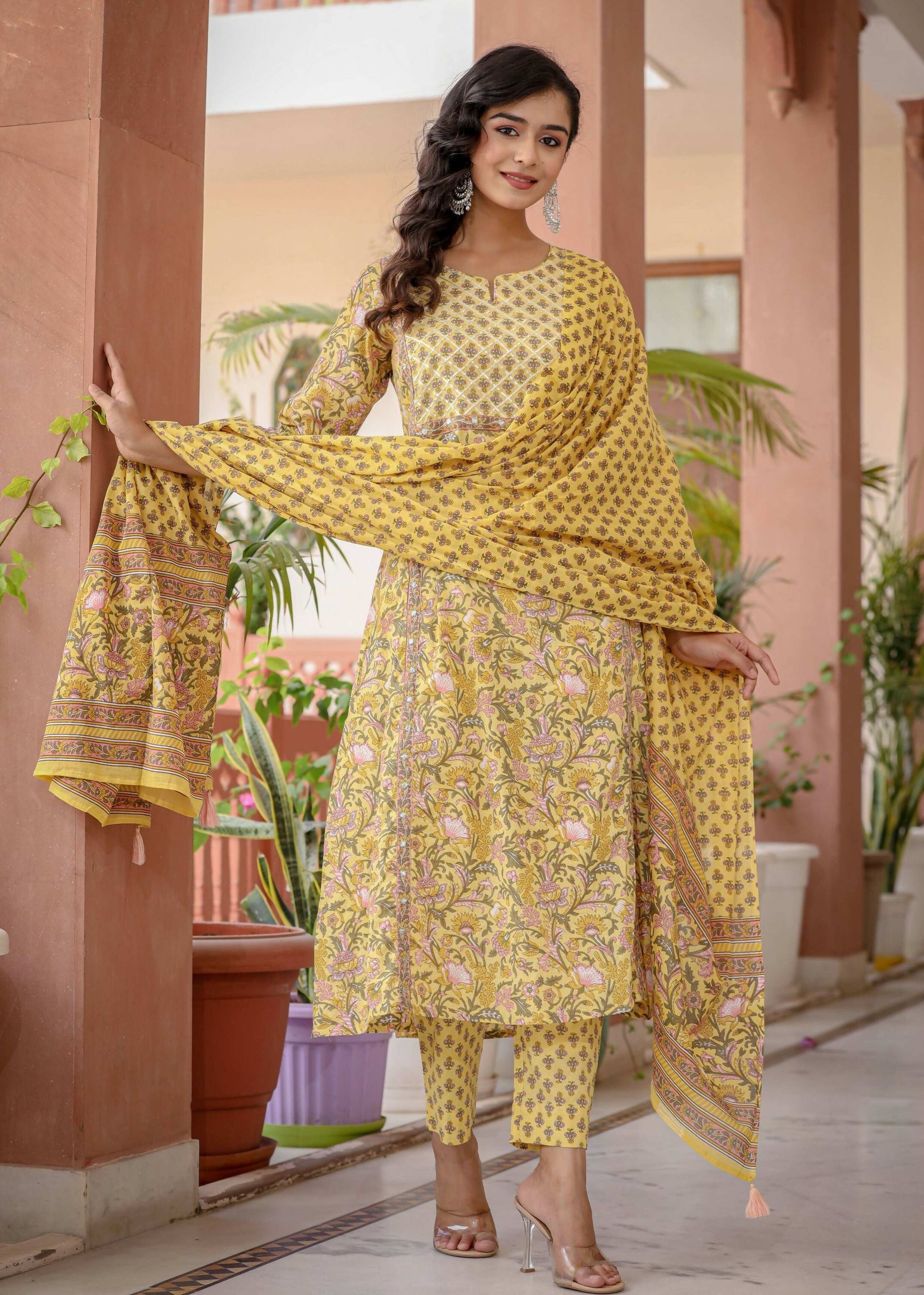 Kaajh Women's Yellow Floral Embroidered Cotton Kurta Pant Set With Dupatta