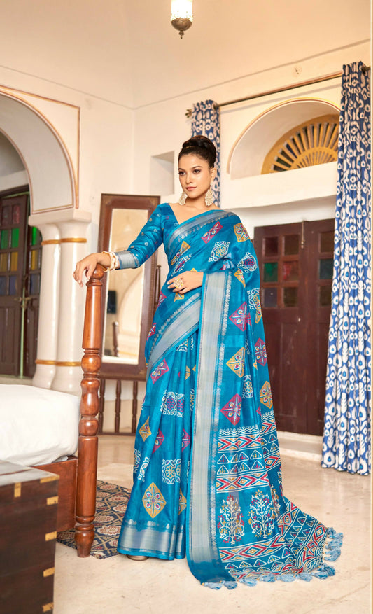 Sky Blue Patta Poly Cotton Geometrical Printed Saree With Unstitched Blouse Piece - Shades