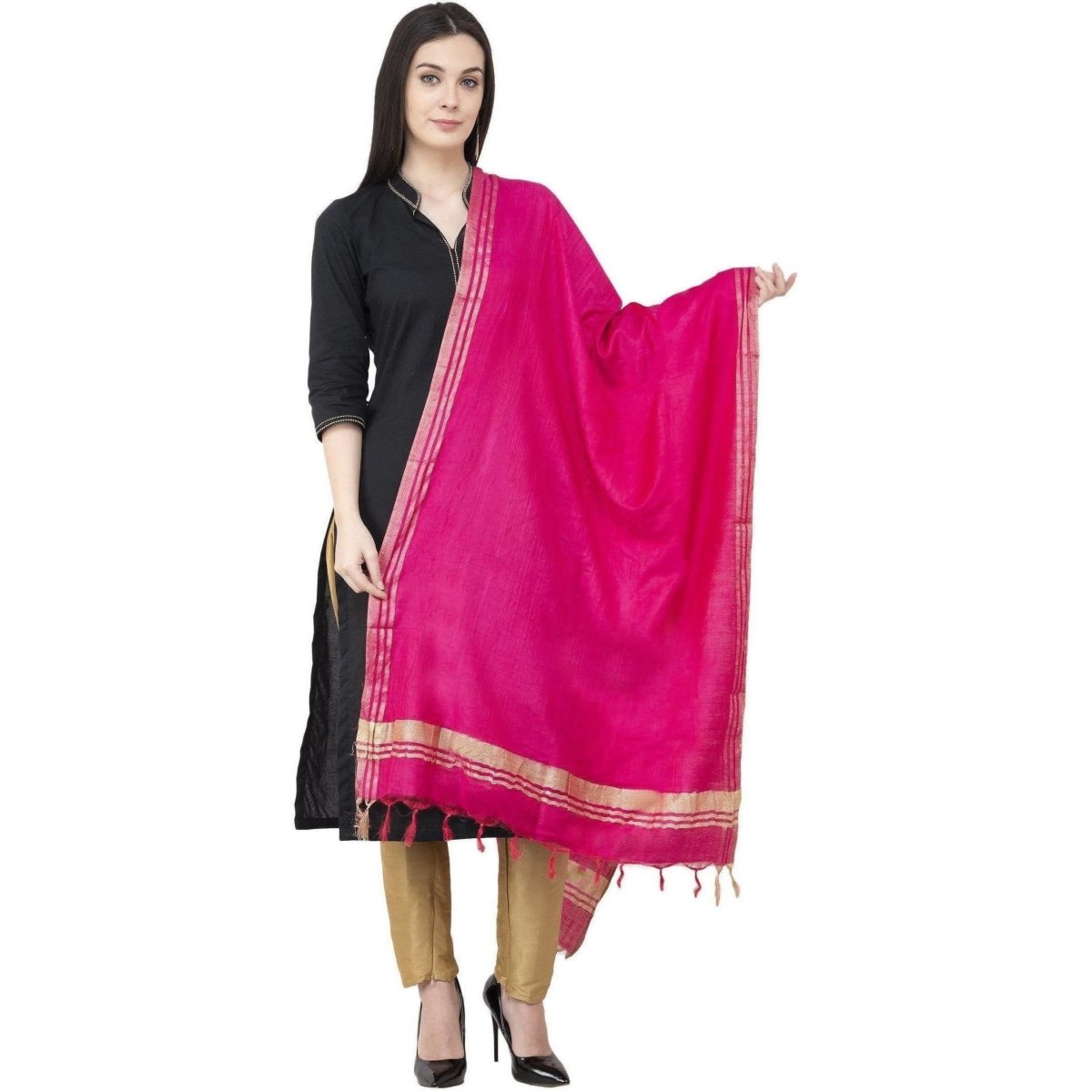 A R Silk Golden Border Regular Dupatta Dark Pink Color Dupatta or Chunni 