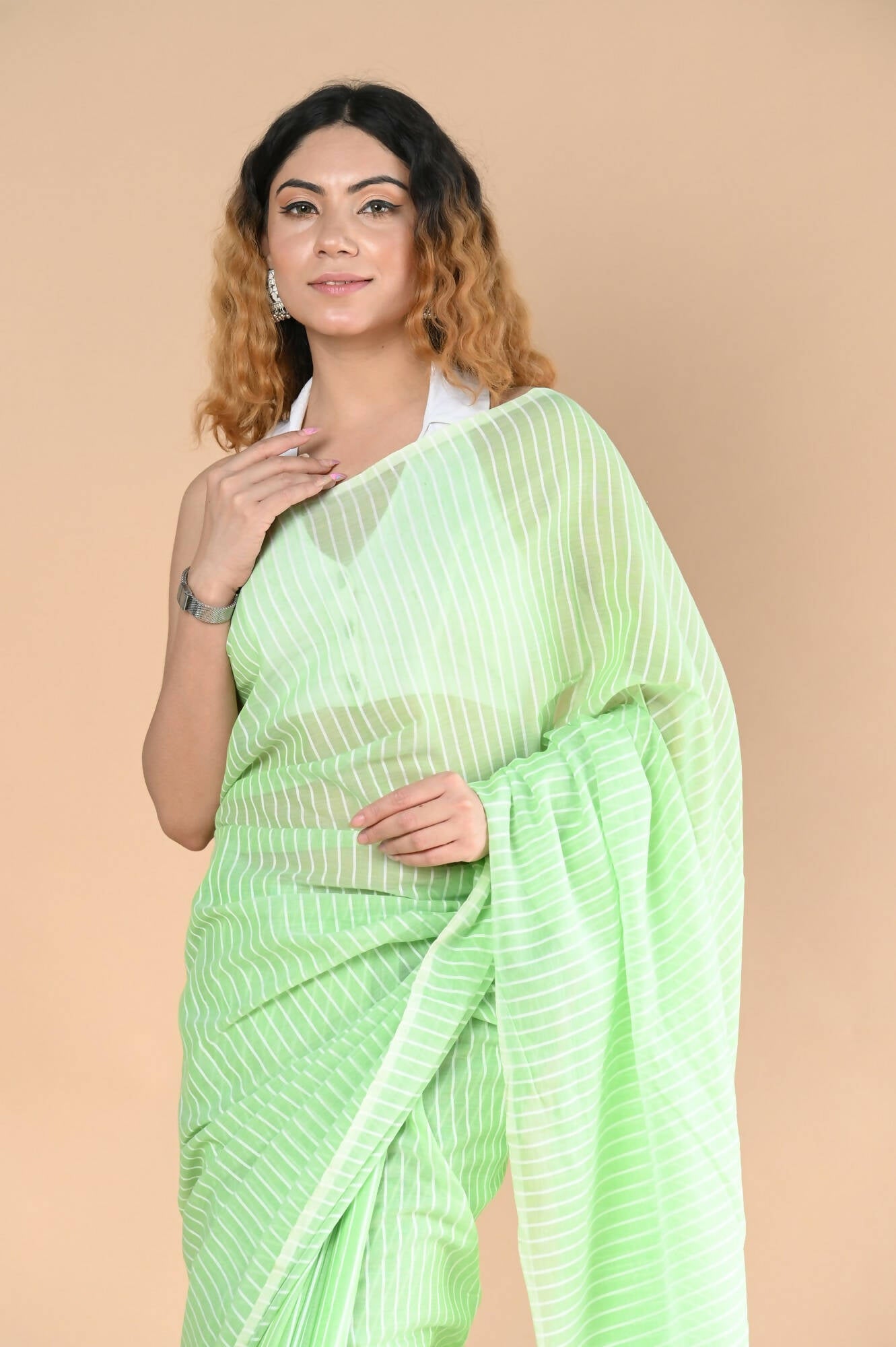 Very Much Indian Designer Pure Cotton Saree With All Over Linear Stripes - Fern Green - Grab2buy