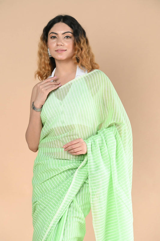 Very Much Indian Designer Pure Cotton Saree With All Over Linear Stripes - Fern Green - Grab2buy