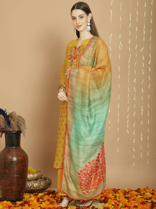 Aastha Fashion Women's Yellow Chanderi Silk Elegant Jardoshi Semi Kurta with Trouser & Dupatta - Grab2buy