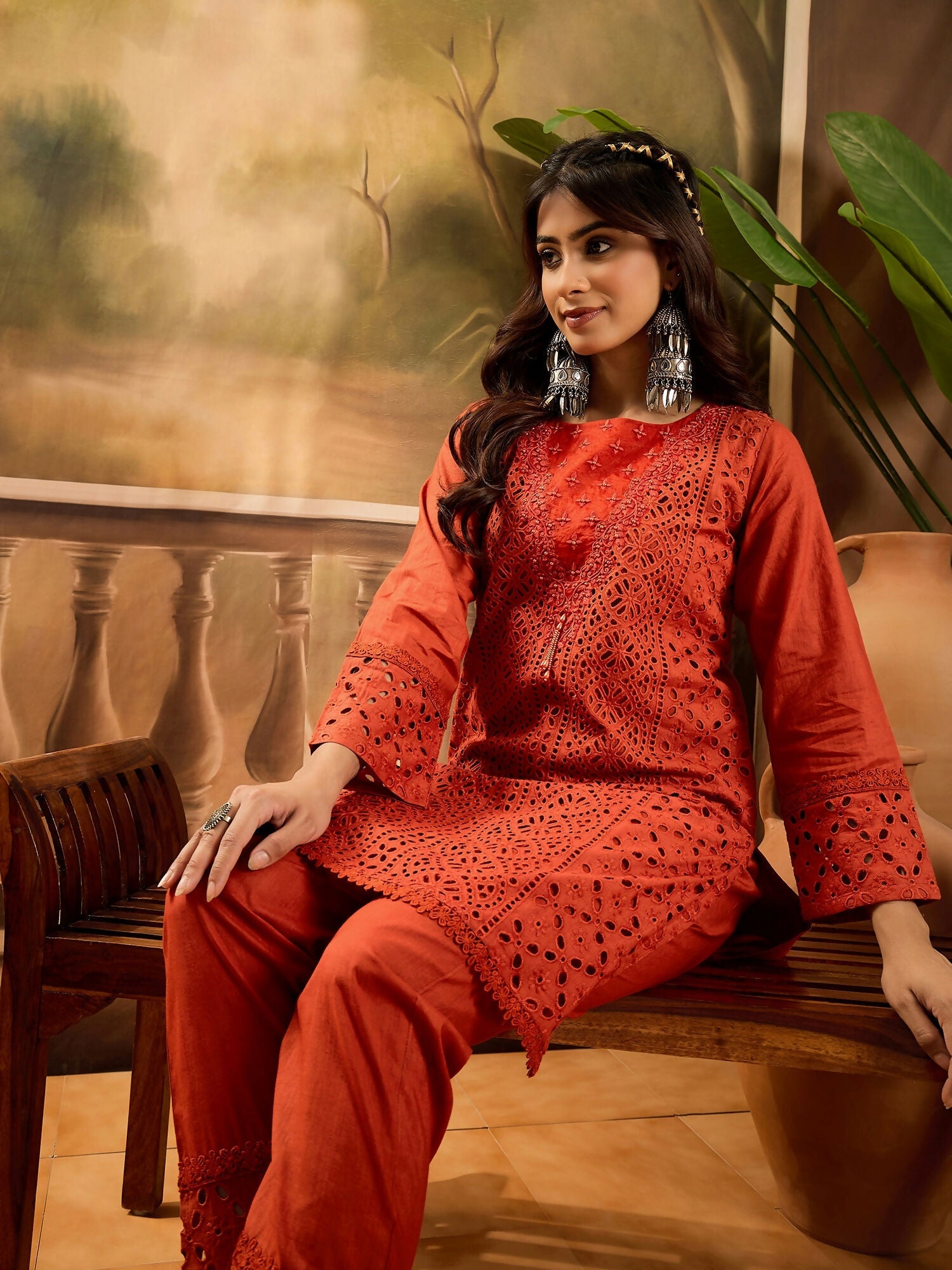 Joban Fashion Embroidery Rust Pure Cotton Cord Set