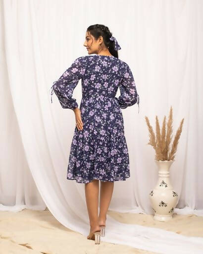 FIORRA Women's Blue Georgette Floral Printed Western Dress 