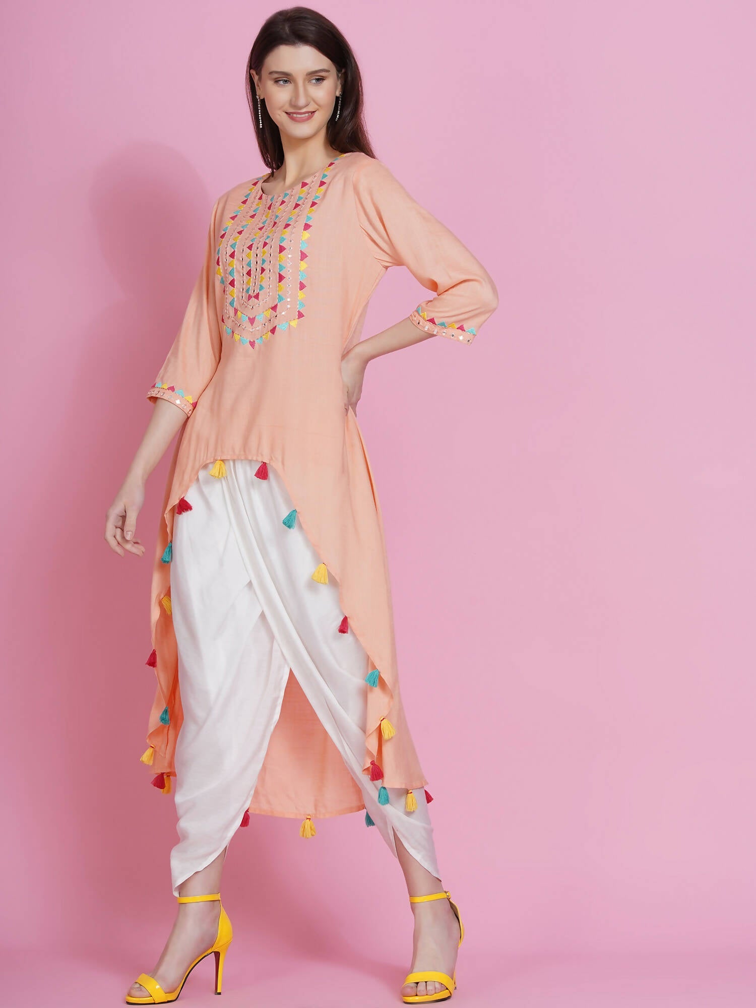 Women Republic Peach Rayon Embroidered Kurta With Mirror Work And Tulip Pants - Grab2buy