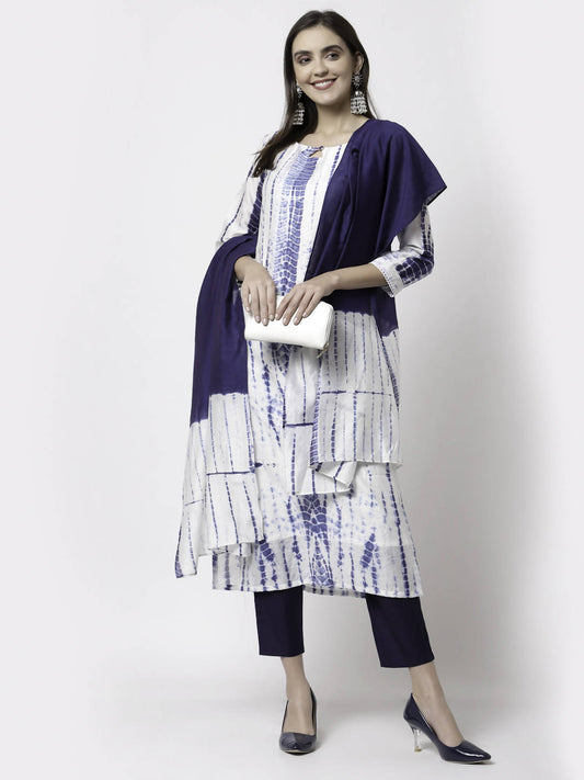 Myshka Women White Viscose Printed 3/4 Sleeve Round Neck Kurta Pant Dupatta Set