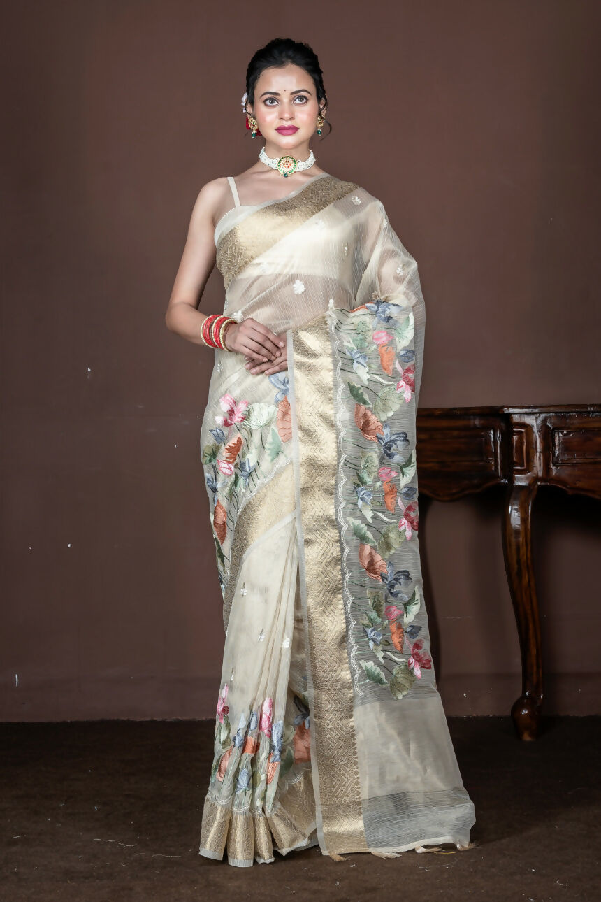 Morchari Beige Banarasi Tissue Computer Embroidery Grab2Buy Unstitched Blouse 