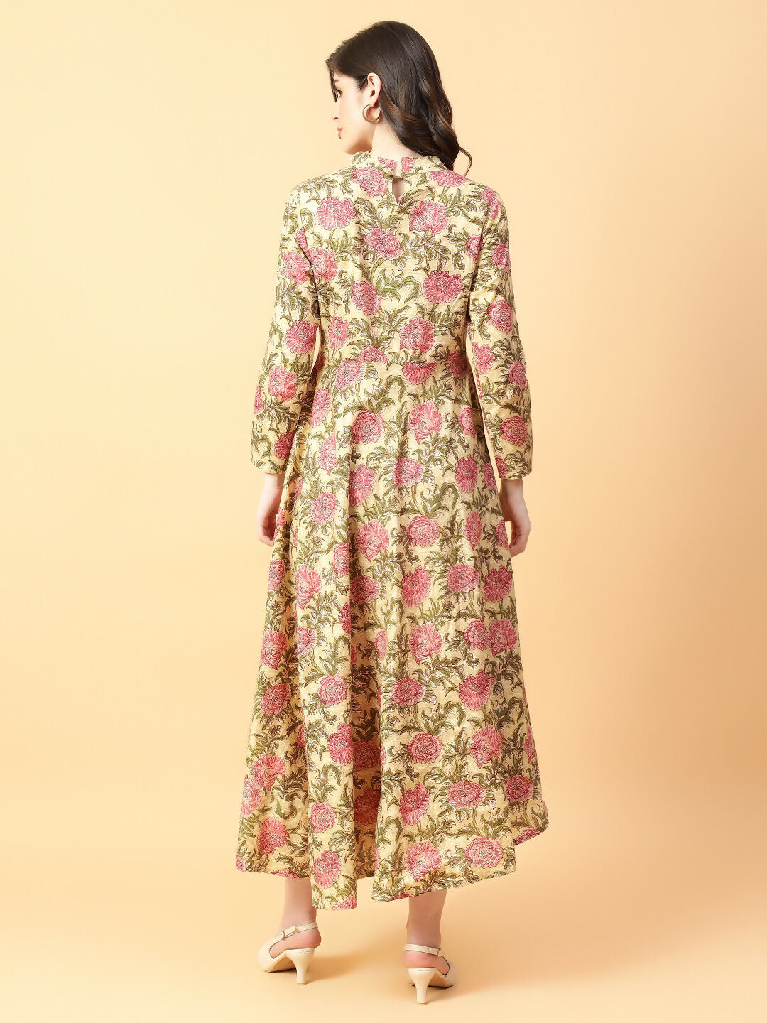 Joban Fashion Beige Cotton Printed & Hand Work Dress