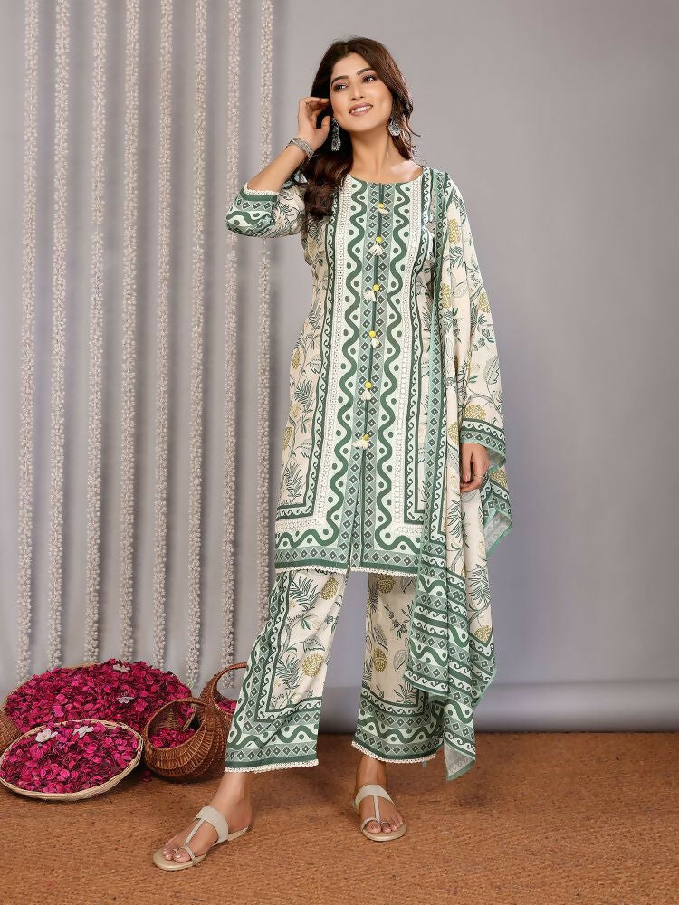 Joban Fashion Women Off White & Forest Green Linen Printed Stitched Kurta Set