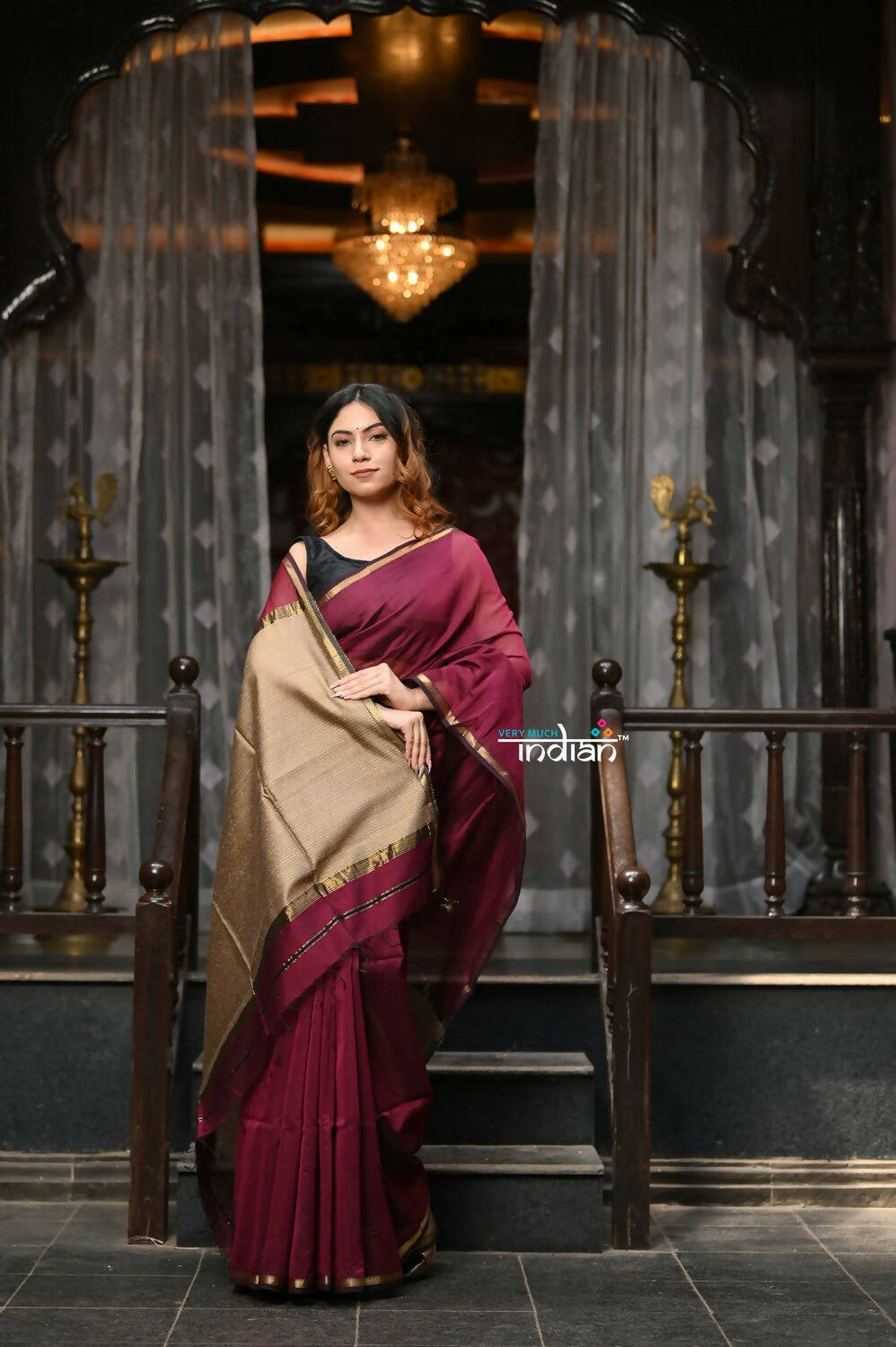Very Much Indian VMI Exclusive Designer! Handloom Cotton Silk Grab2Buy With Sleek Golden Border - Maroon Shade 
