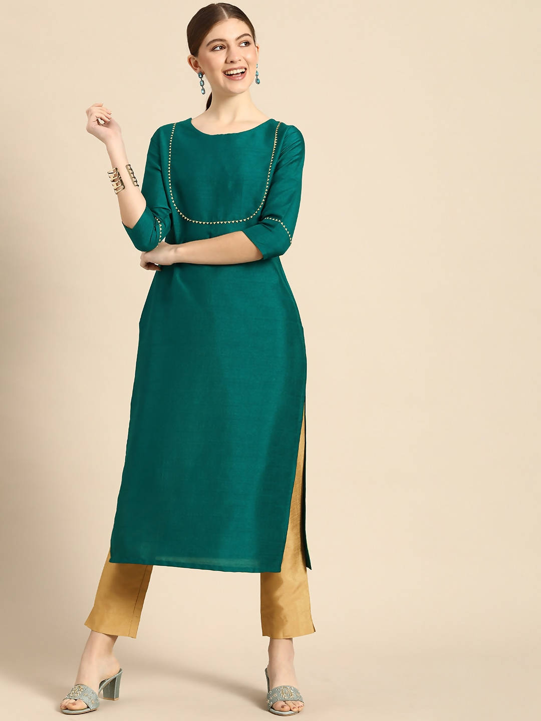 Janasya Women Green Regular Kurta with Trousers