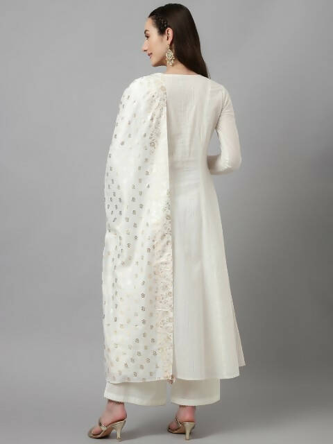 FIORRA Women's White Pure Cotton Flared Kurta Palazzo Set With Dupatta 