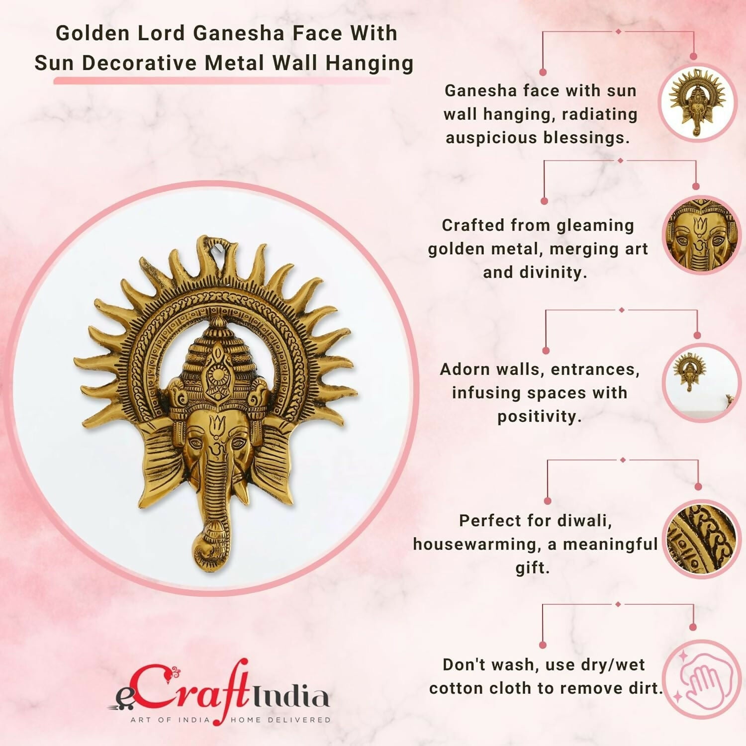 eCraftIndia Golden Lord Ganesha With Sun Decorative Metal Wall Hanging - Grab2buy