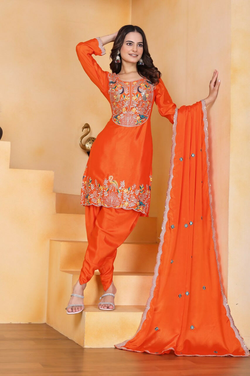 Joban Fashion Orange Silk Embroidered Dhoti Dhoti Set