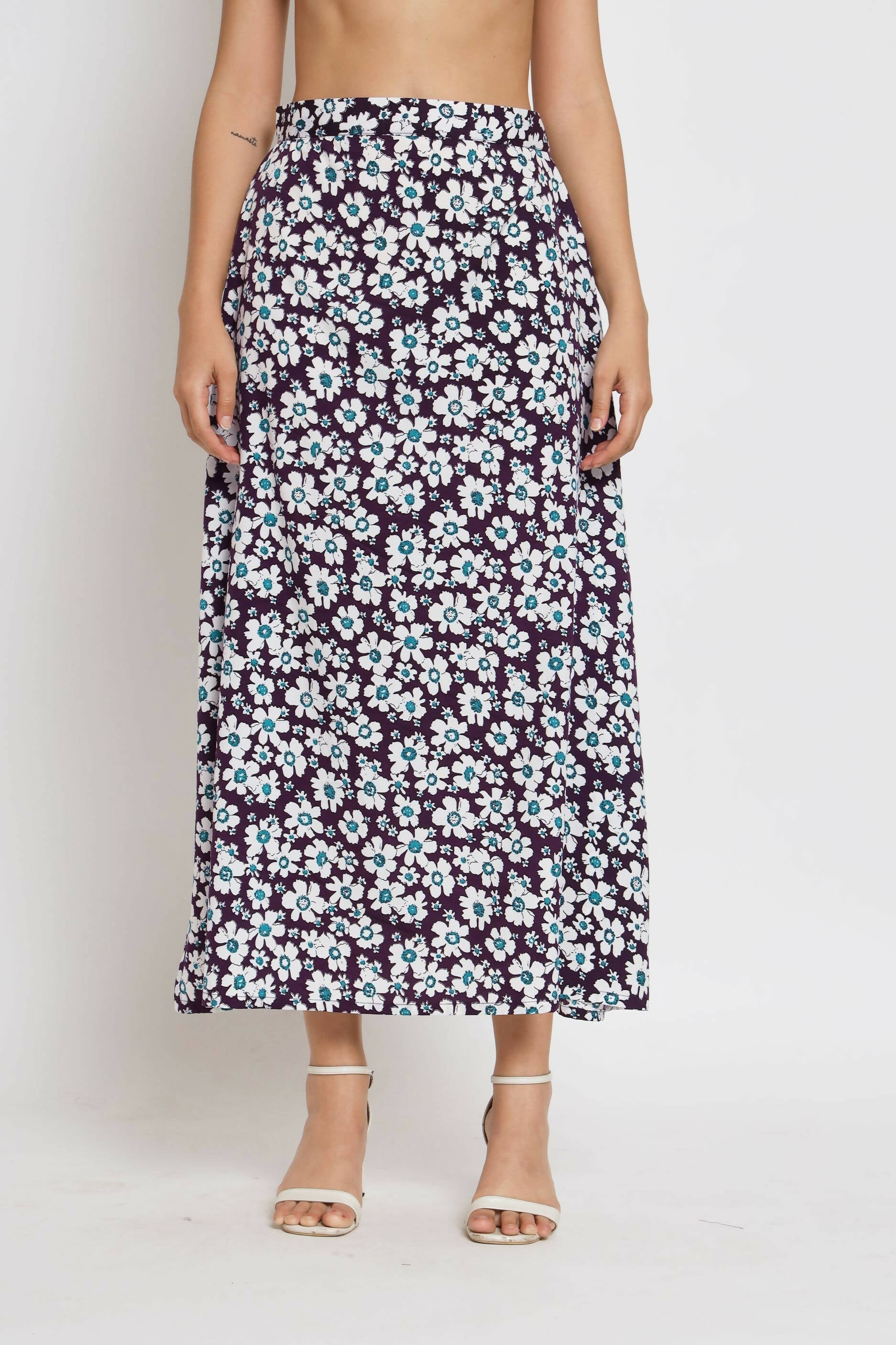 Purple Crepe Floral Printed Top with Matching Skirt - Shivani