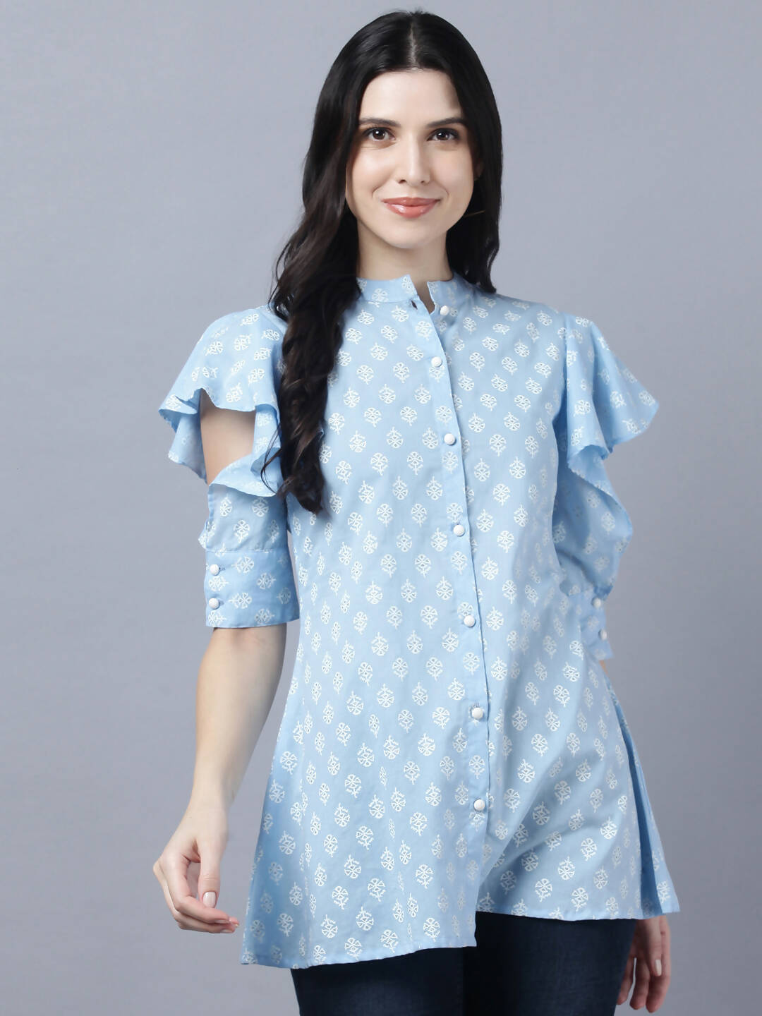 Myshka Stylish Blue Cotton Half Sleeve Women's Top