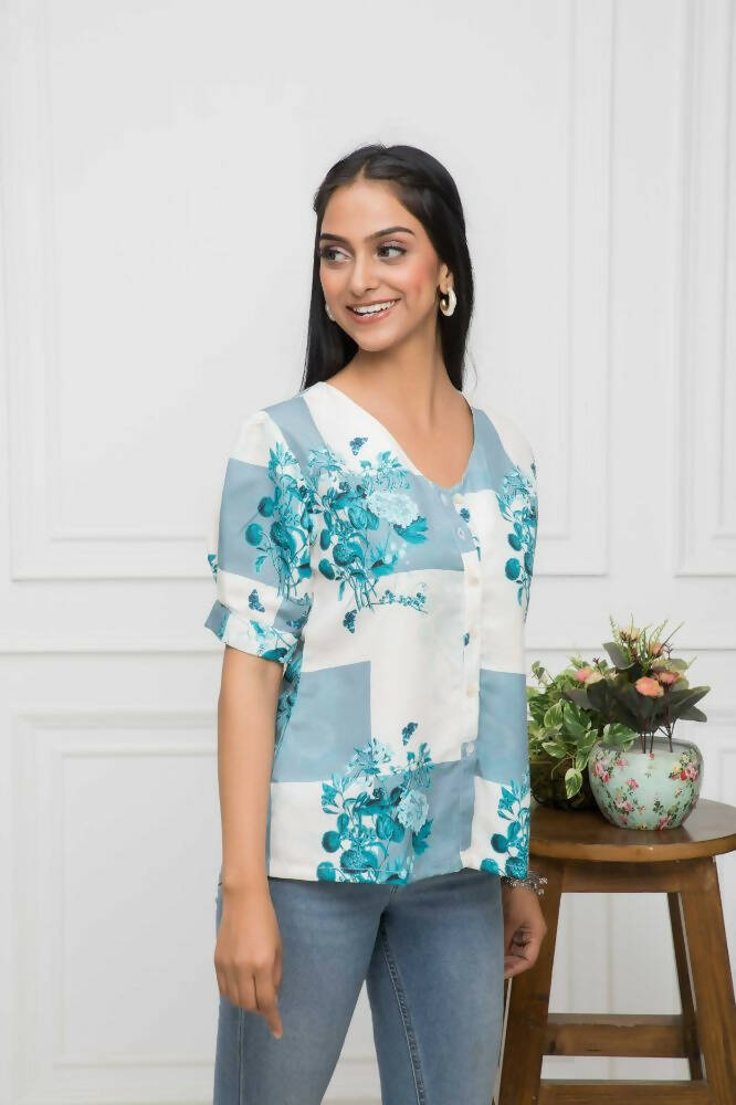 Myshka Women White Floral V-Neck Flutter Sleeves Viscose Rayon Top