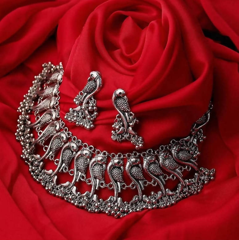 Mominos Fashion Parrot Design Silver Color Choker with Ghungru Necklace Set