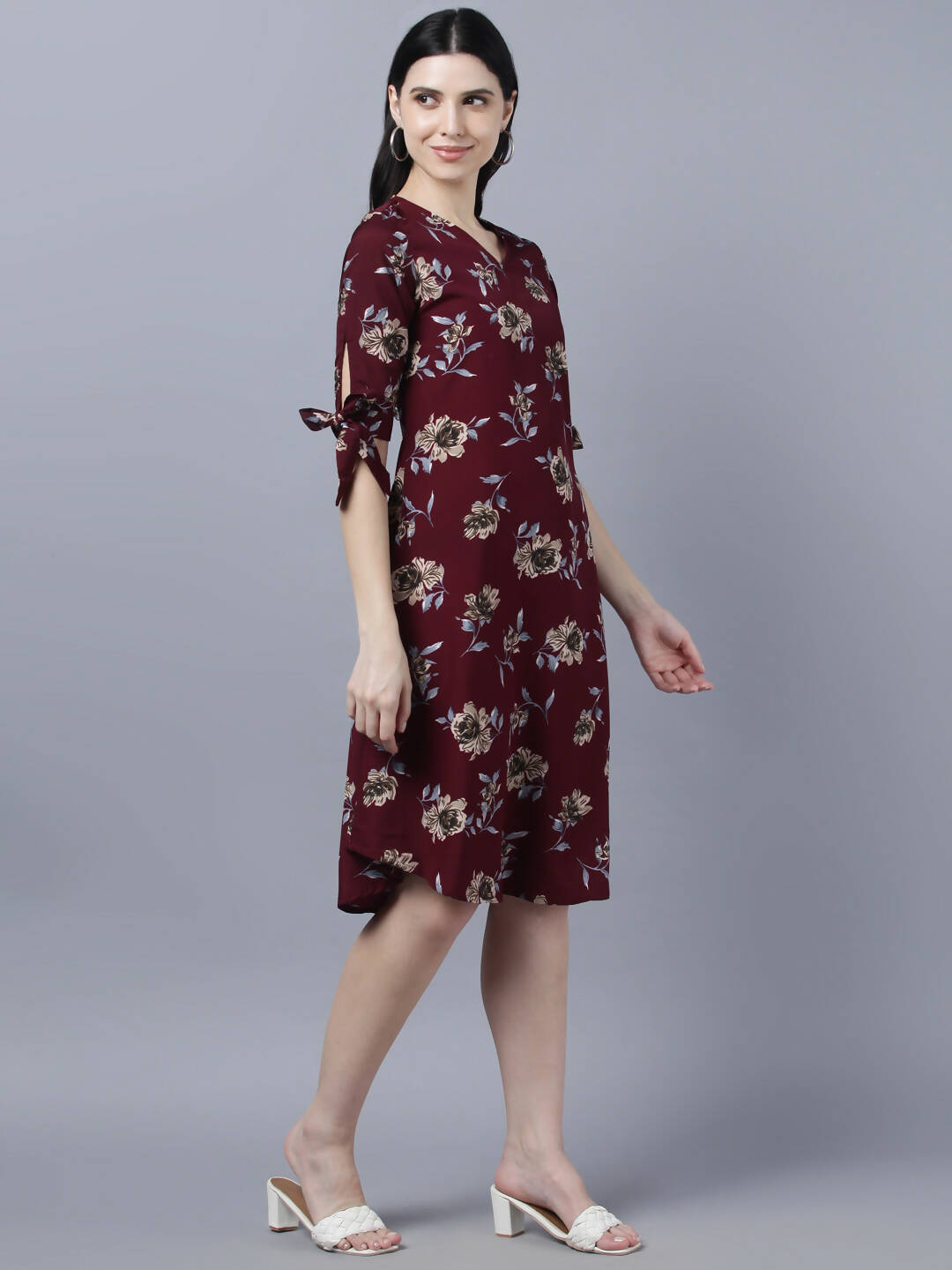 Myshka Women Burgundy Beige Floral Print A-line Dress