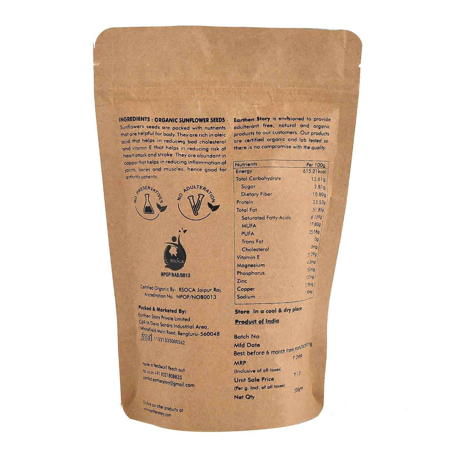 Earthen Story Certified Organic Raw Sunflower Seeds 