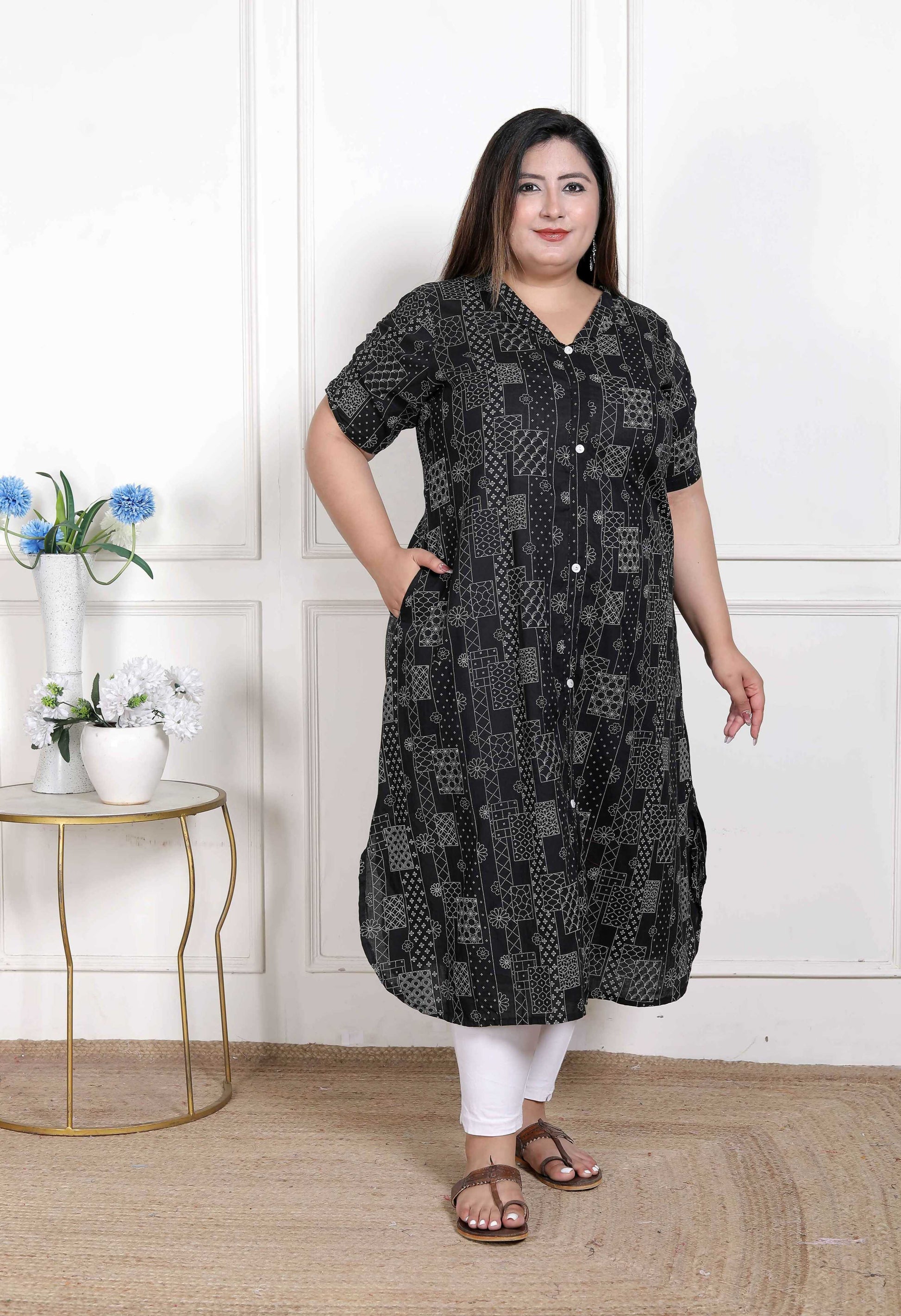 Miravan Women's Plus Size Pure Cotton Black Floral Printed Front Button A-Line Kurta 