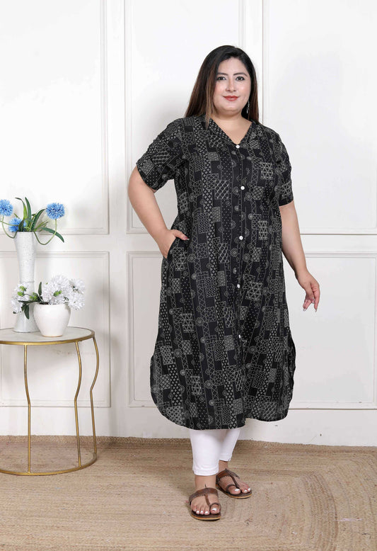 Miravan Women's Plus Size Pure Cotton Black Floral Printed Front Button A-Line Kurta 