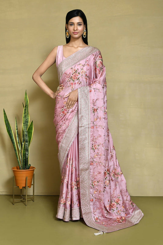 Pink Satin Silk Embroidered With Woven Design Border Festive Saree - Nimaya Denzy