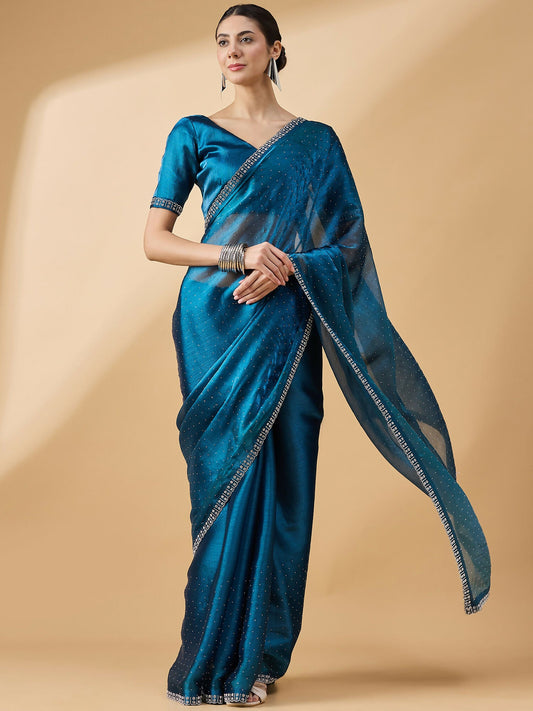 Teal Organza Swaroski Diamond Work Saree with Unstitched Blouse - Radha