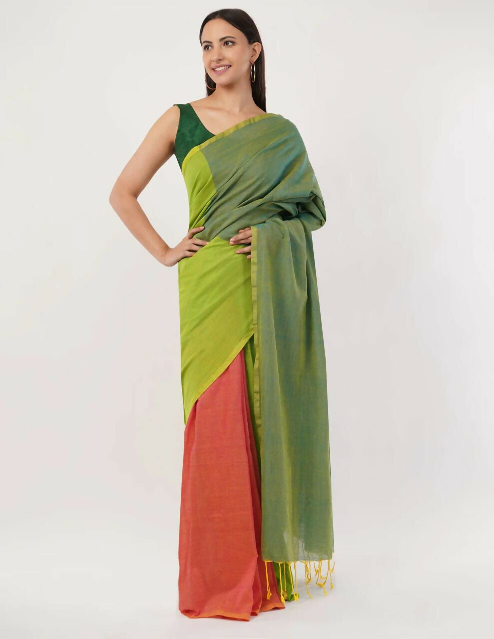 Exclusive Collection Beautiful Khadi Cotton Olive Green Orange Handloom Grab2Buy 