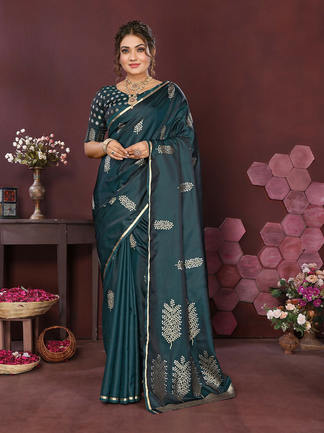Joban Fashion Teal Floral Motifs Banarasi Silk Sarees 