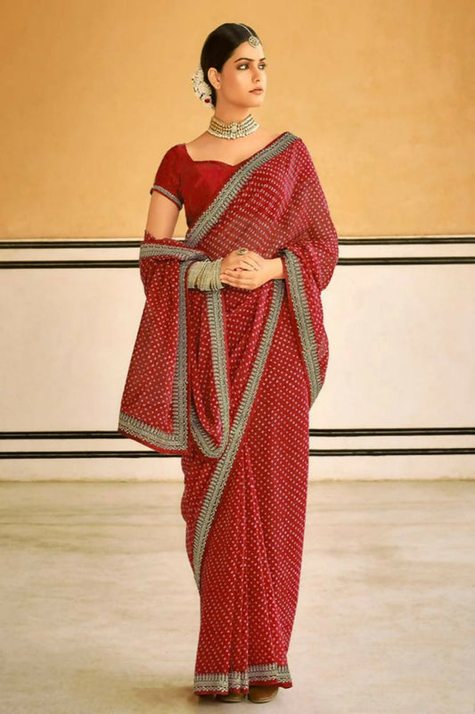 PR Fashion Red Georgette Embroidery Lace Saree