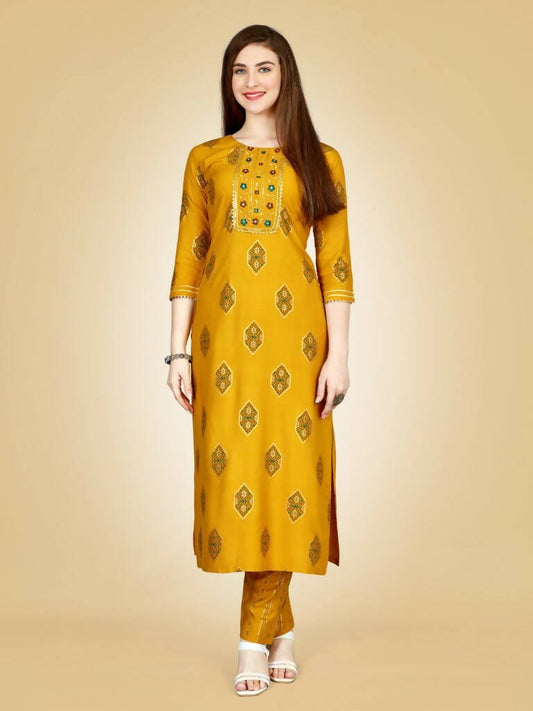 Aastha Fashion Women's Yellow Viscose Rayon Embroidered Kurta Pant Set - Grab2buy