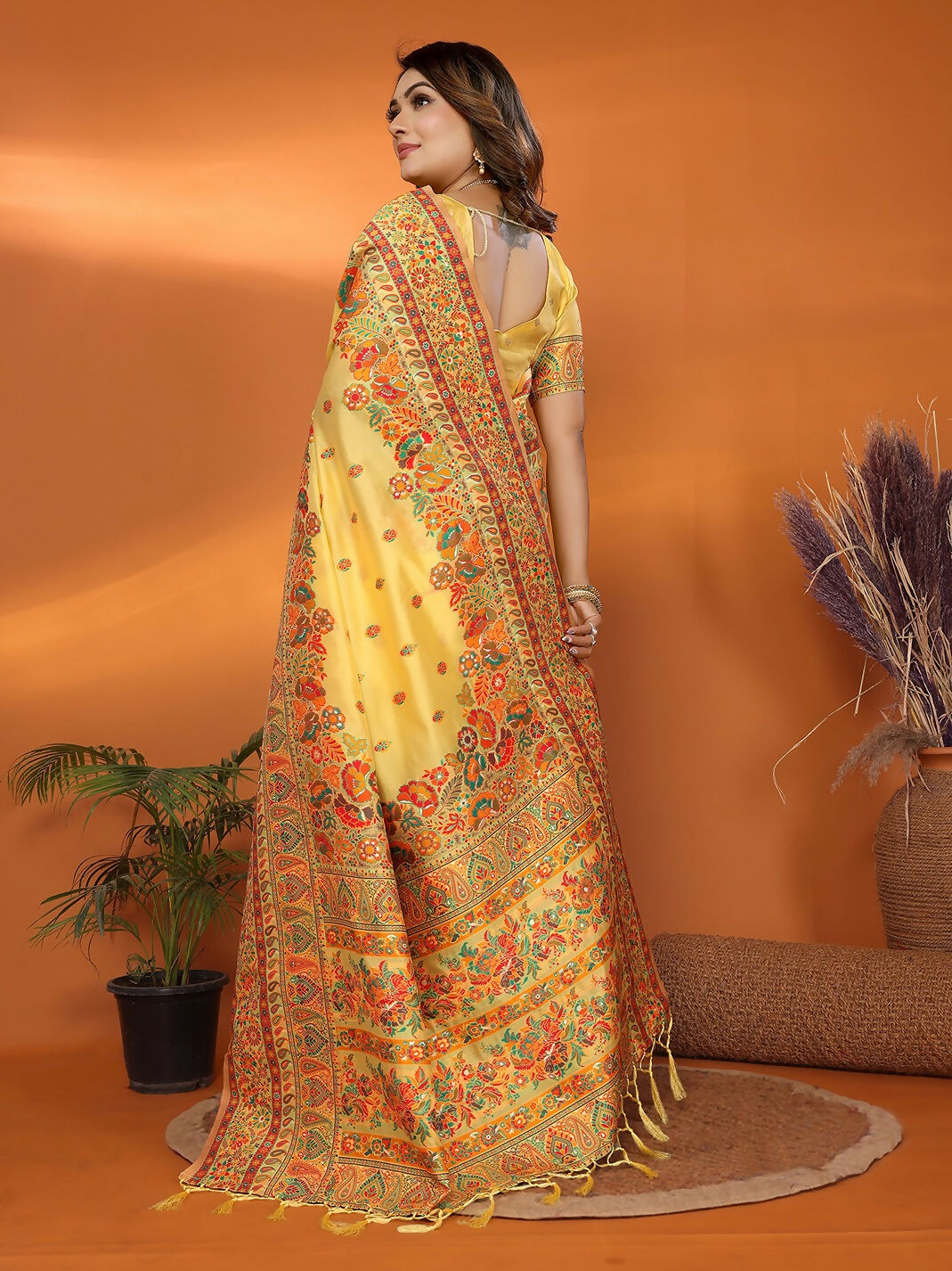 Joban Fashion Yellow Meena Weaves Pashmina Sarees