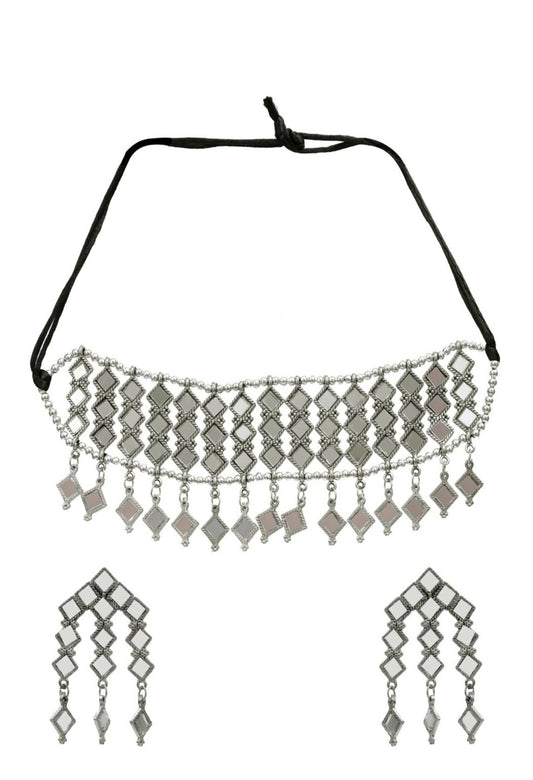 Mominos Fashion Johar Kamal Oxidised Silver-Plated Alloy Finish Mirror Choker For Women - Grab2buy