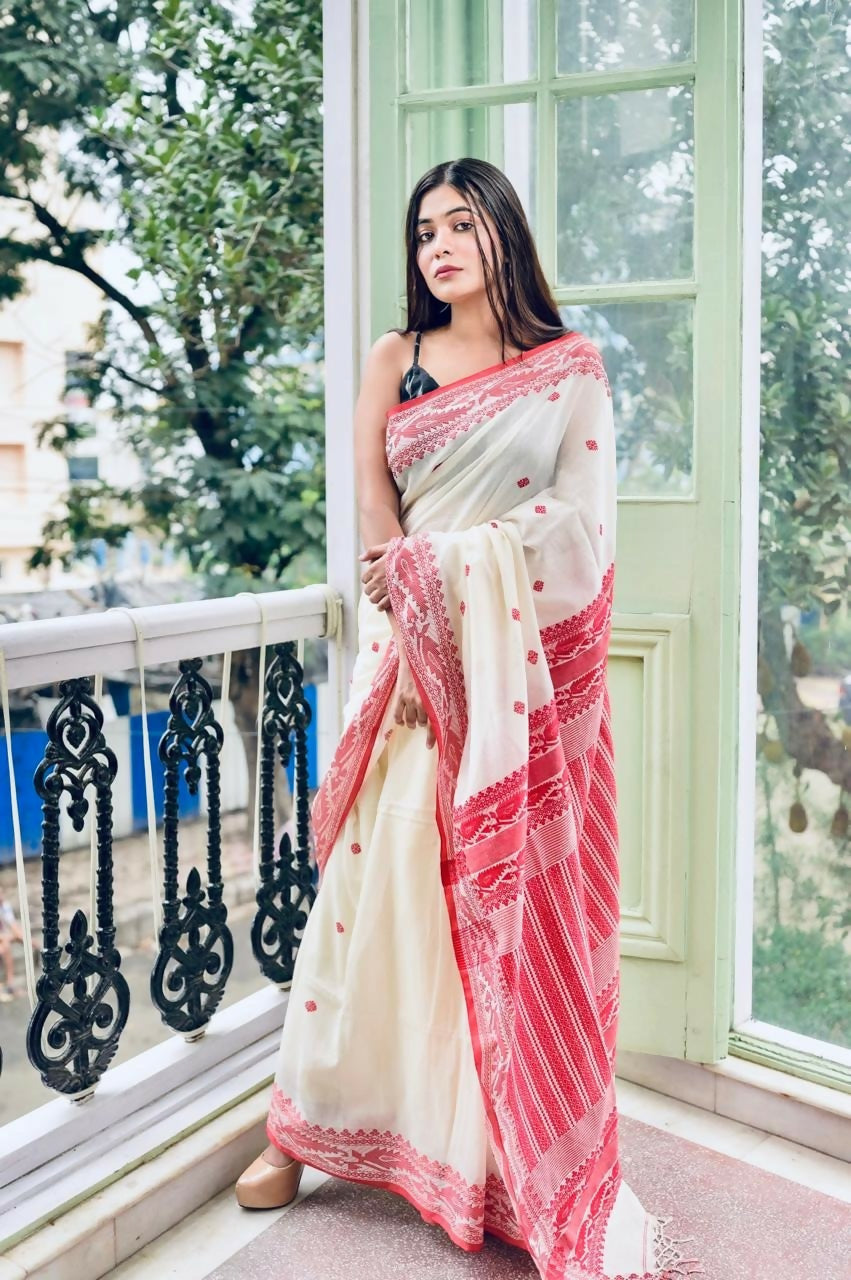 Exclusive Collection White Red Most Trending Beautiful Pure Cotton Handloom Grab2Buy 