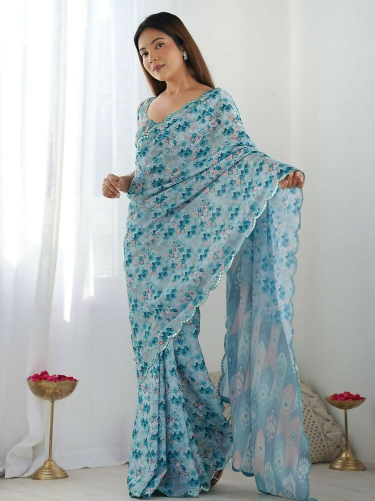PR Fashion Light Blue Georgette Digital Print With Mirror Work Saree