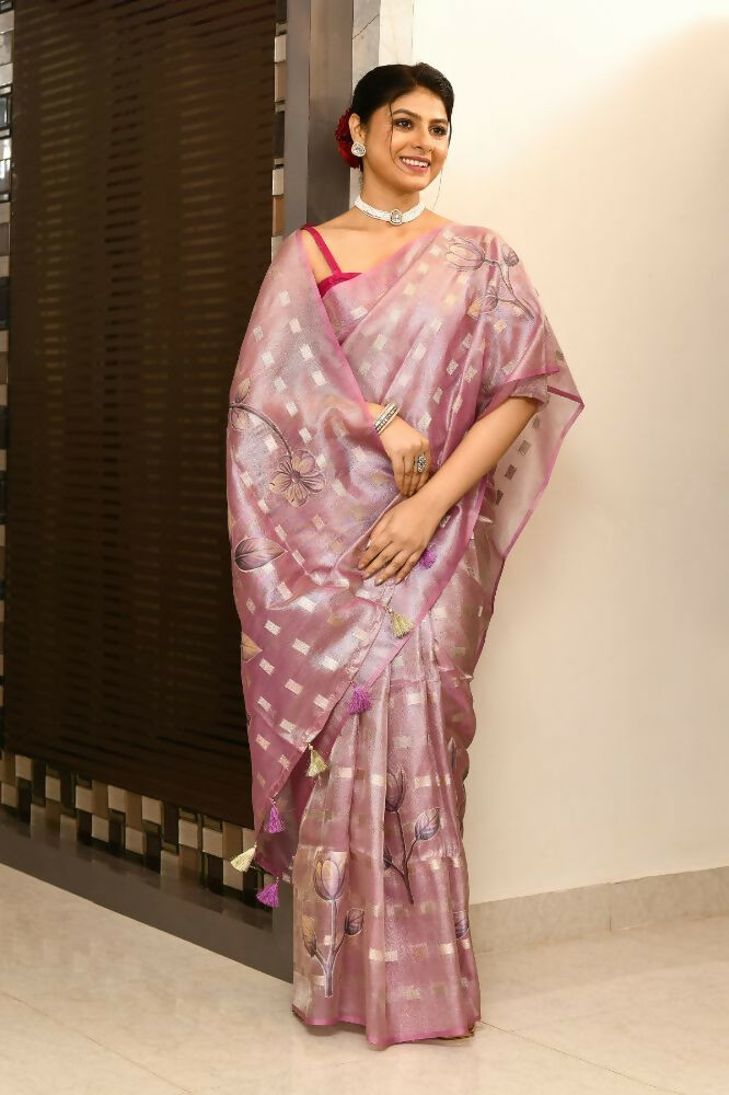 Joban Fashion Purple Saree Tissue Zari Buti Allover Applick With Contrast Blouse